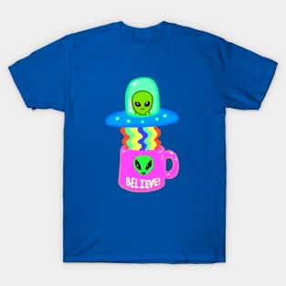 Alien Abducting Coffee - Cute and Colorful Doodle T-Shirt